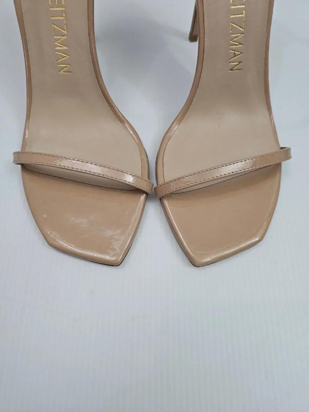 Stuart Weitzman Nudistcurve 100 Heels Womens 10 Tan Patent Leather Ankle Strap